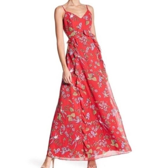 Nanette Lepore | Red Ruffle Floral Maxi Dress Size 14 - Picture 1 of 9
